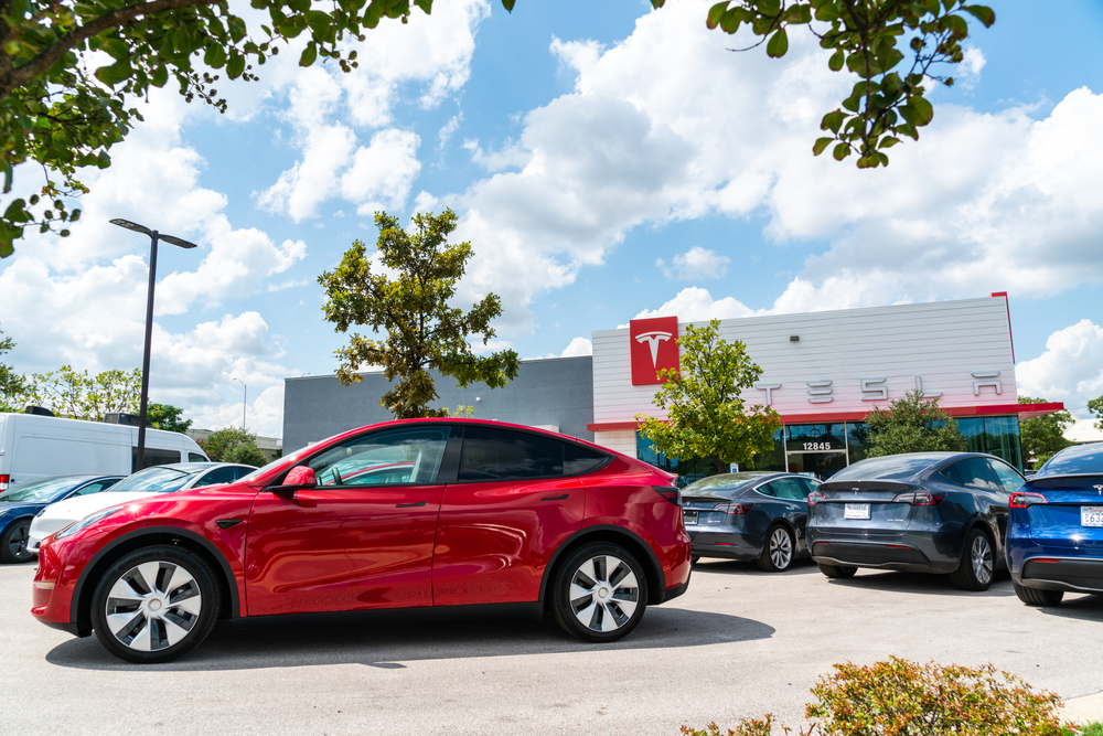Austin, TX, USA - September 15, 2020: Brand new Tesla Model Y ready for mass.market at Tesla Motors in the growing pond springs location overflowing with Electric Tesla Vehicles 