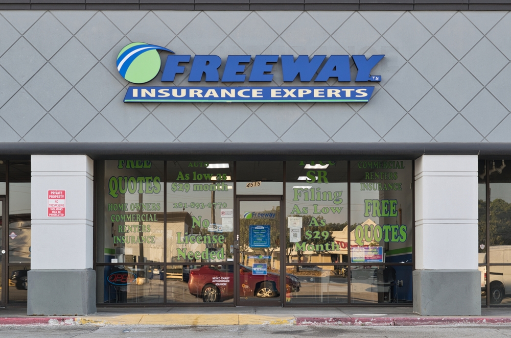 Houston, Texas USA 08-30-2023: Freeway insurance experts building storefront exterior in Houston, TX. National business chain founded in 1987.
