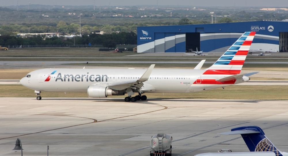 San Antonio, Texas - October 2 2014: A Boeing 767-300ER of Dallas-based American Airlines taxiing at San Antonio International Airport.