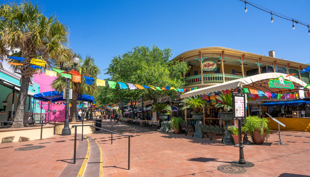 San Antonio, Texas / USA - April 12 2019: Historic market in downtown San Antonio with colorful buildings on a sunny day.